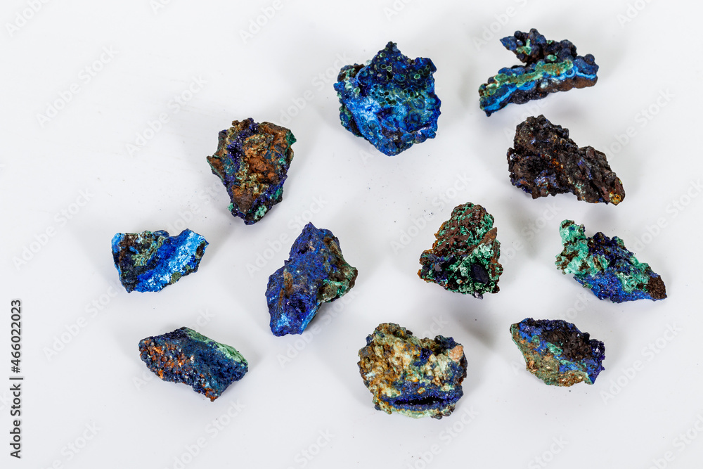 Macro mineral stone Malachite and Azurite against white background Macro mineral stone Malachite and Azurite against white background