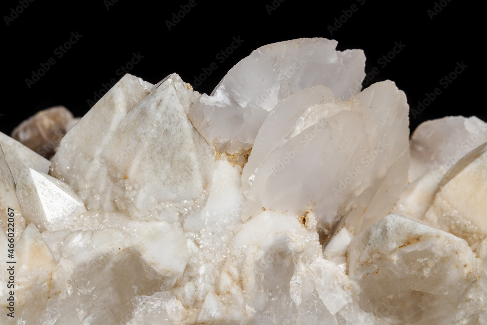 Macro mineral stone Snow quartz with calcite on a black background Macro mineral stone Snow quartz with calcite on a black background