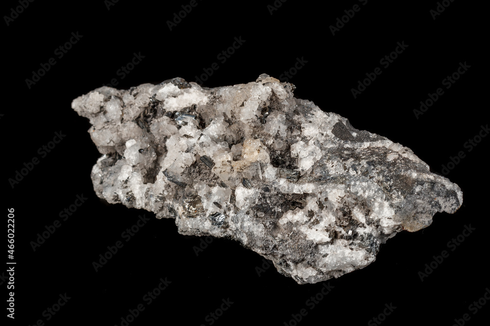 Macro mineral stone Stibnite quartz on a black background Macro mineral stone Stibnite quartz on a black background