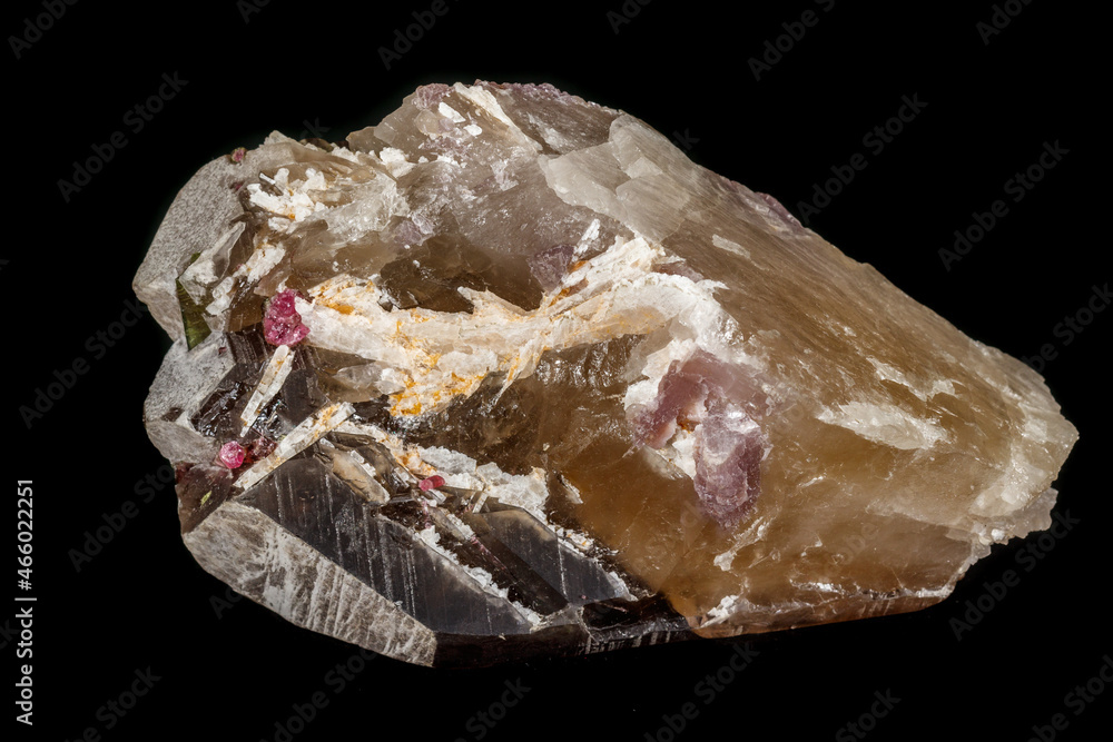 Macro mineral quartz mineral Tourmaline on Lepidolite black background