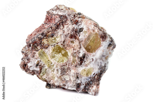 Macro mineral stone.Golden Apatite on a white background