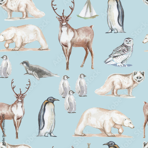 Deer animals of the north christmas new year houses watercolor hand-drawn illustration. Print textile vintage realism patern seamless owl scribe polar bear
