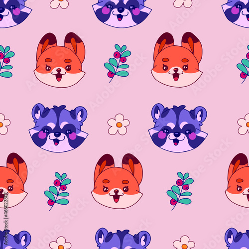 Seamless pattern with forest inhabitants raccoon and red fox. Spring children's pattern with animals and plants.Background for children, suitable for printing on fabric, clothing, wallpaper, postcards