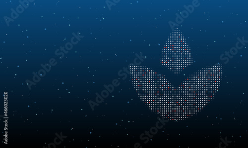 On the right is the water lily symbol filled with white dots. Background pattern from dots and circles of different shades. Vector illustration on blue background with stars