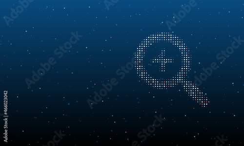 On the right is the zoom in symbol filled with white dots. Background pattern from dots and circles of different shades. Vector illustration on blue background with stars