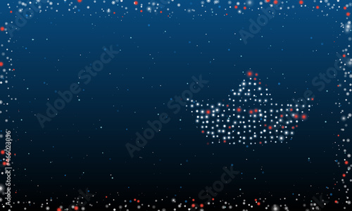 On the right is the paper boat symbol filled with white dots. Pointillism style. Abstract futuristic frame of dots and circles. Some dots is red. Vector illustration on blue background with stars