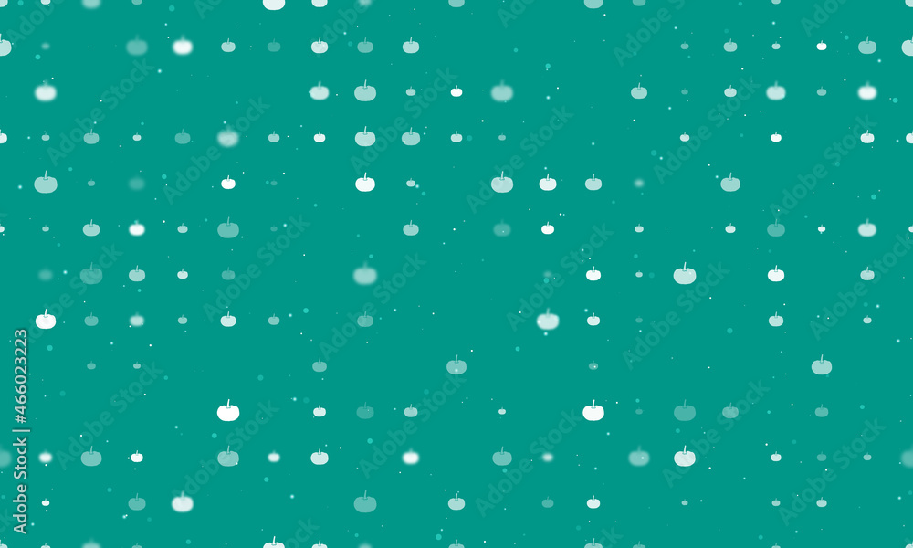 Seamless background pattern of evenly spaced white pumpkin symbols of different sizes and opacity. Vector illustration on teal background with stars