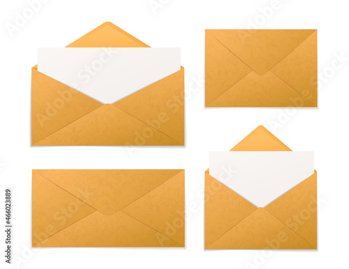 Set of realistic brown kraft paper envelopes with sheets in different sizes on white