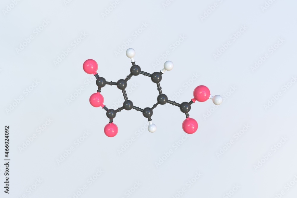Trimellitic anhydride molecule made with balls, scientific molecular model. 3D rendering Trimellitic anhydride molecule made with balls, scientific molecular model. 3D rendering