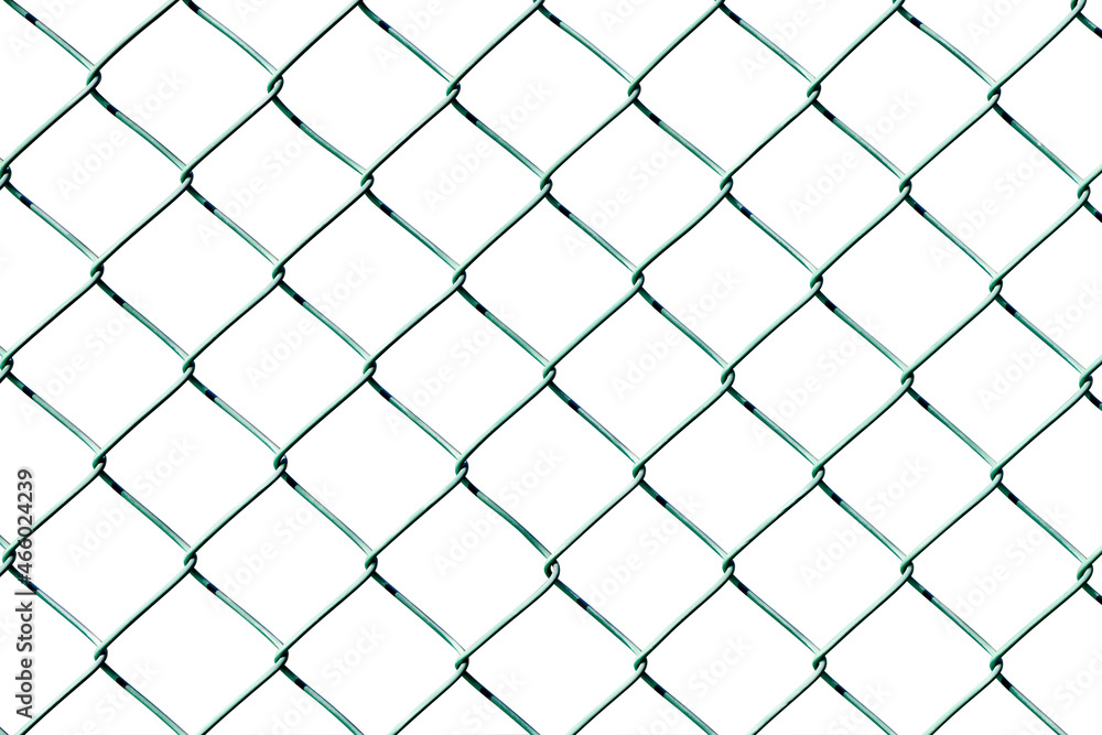 Mesh fence isolated on white background. Green metal fence made of welded mesh. Close up Mesh fence isolated on white background. Green metal fence made of welded mesh. Close up
