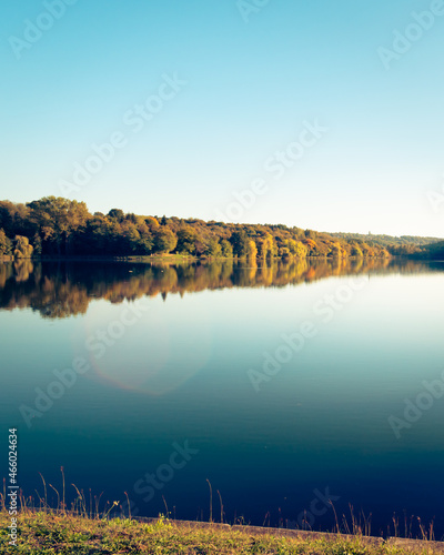 A row of colorful trees reflecting in the water at the Malomvölgyi-tó in fall, Pécs, Hungary