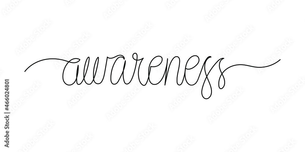 One continuous line word - awareness. Hand drawn vector cursive isolated on white background.