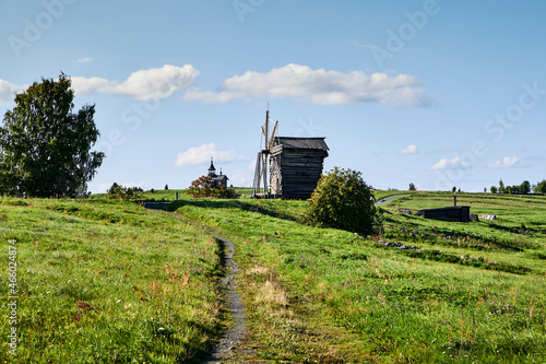 Russia. Kizhi Island. Village Yamka. Mill and Chapel of the Image of the Savior Not Made by Hands from Vigov photo