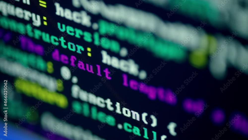 Close up of monitor screen with developing programming and coding technologies. Programmer or hacker is typing code on keyboard. Concept of bitcoin btc mining and development in virtual cyber space