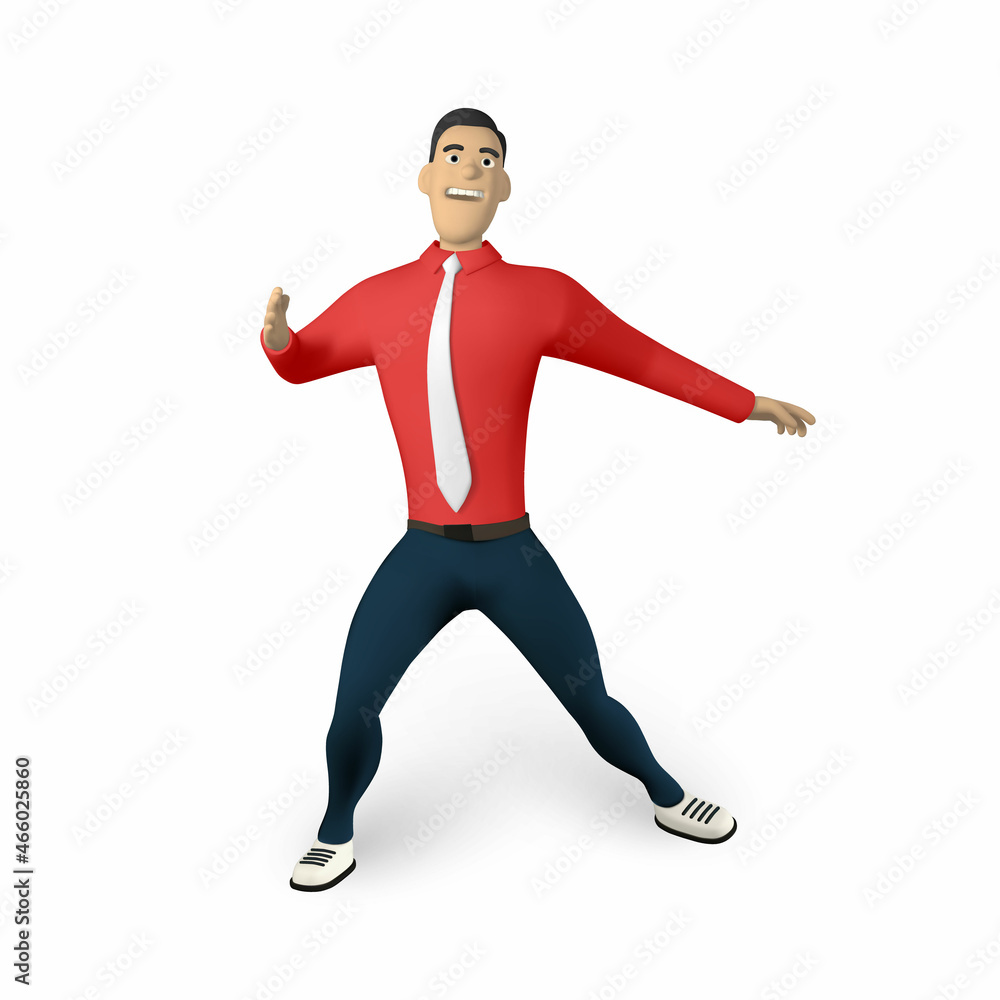 Businessman character in 3D cartoon stile. Man in red shirt with tie. Young guy, gesturing. Vector illustration