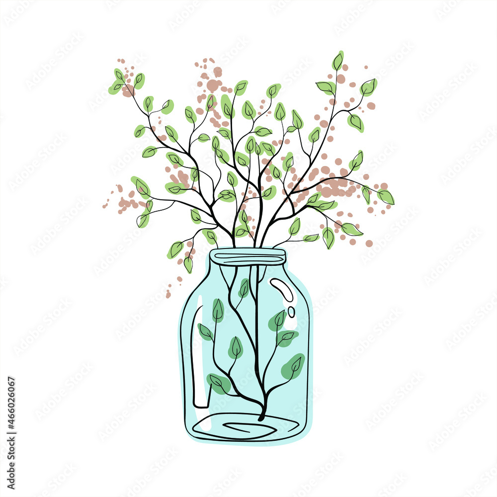 Obraz premium Vector illustration with beautiful branches of a plant. Glassware and branches with leaves. Fashionable compositions for printing on clothes and interior decoration.