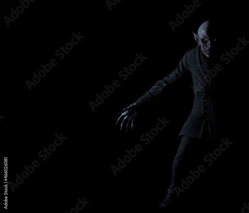 3d Illustration of a Nosferatu style Vampire with glowing eyes standing half in shadow