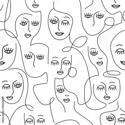 Contemporary seamless pattern of women's faces drawn by hand with a single line. Beautiful abstract females with different emotions. Vector graphics.