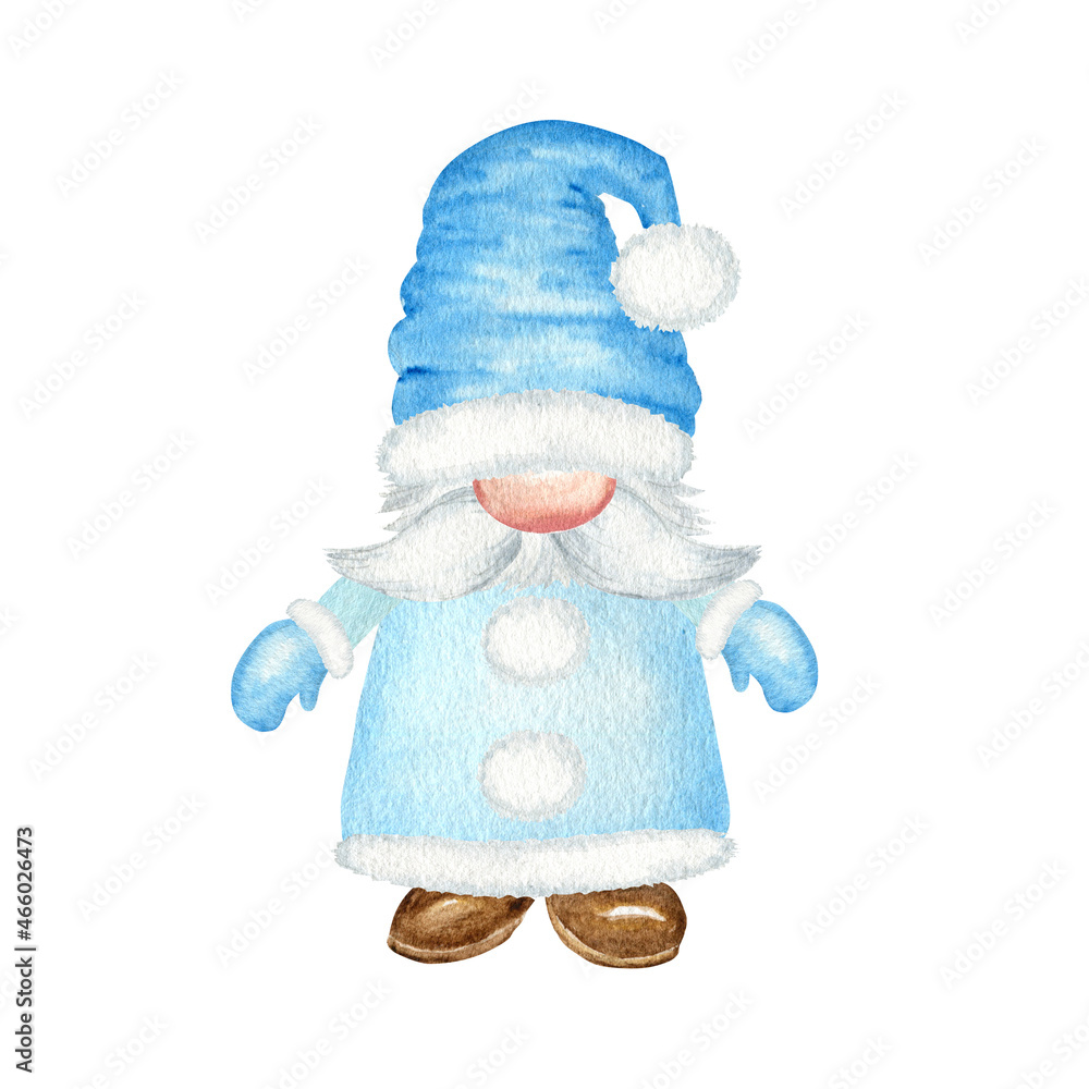 Watercolor Christmas gnome, Blue Santa Claus Hand painted New year illustration isolated on white background. Little santa helper for new year tag, package, card, xmas decor, poster