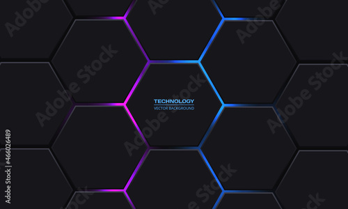 Dark gray hexagonal technology vector background with colored neon gradient. Blue bright energy flashes under hexagon in modern technology futuristic background. Tech honeycomb vector illustration.