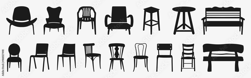 Black chair silhouettes group. Chair, table, bench & Seating icons set Vector illustration - obrazy, fototapety, plakaty 