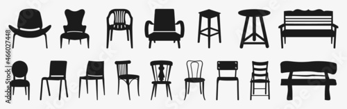 Black chair silhouettes group. Chair, table, bench & Seating icons set Vector illustration photo