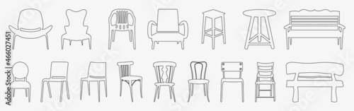 Black chair silhouettes group line icon. Chair, table, bench & Seating icons set Vector illustration photo