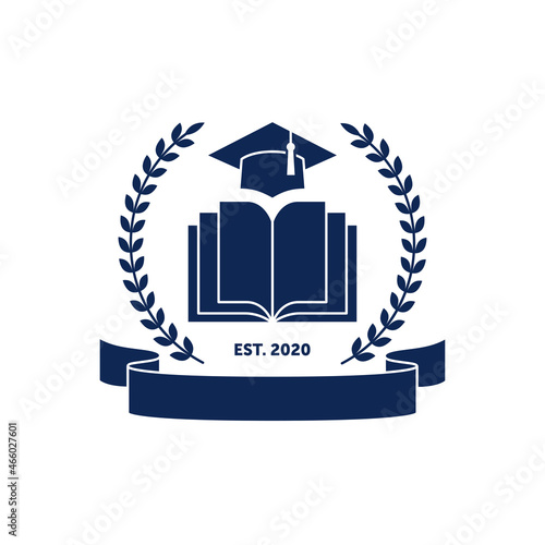 Education emblem with open book and graduation cap.