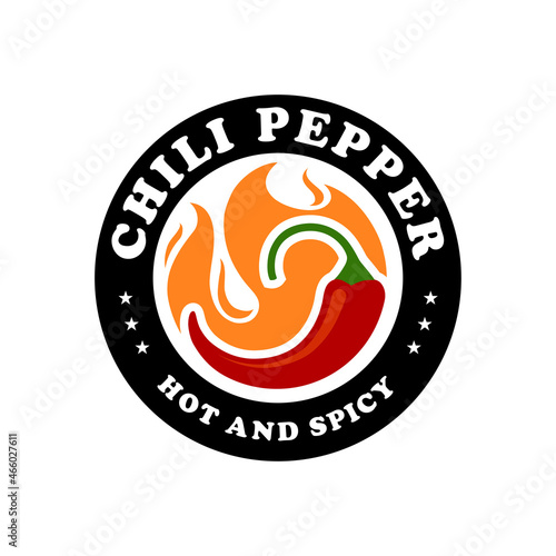 Chili pepper in fire vector emblem design. Hot and spicy food menu symbol, restaurant logo.