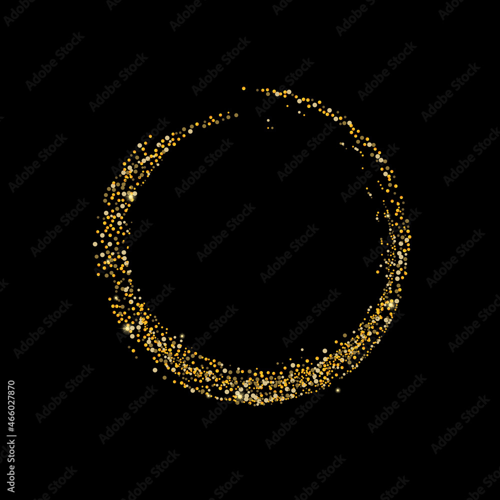 Gold glitter confetti on a black background. Scattered in a circle are shiny particles, sand. Decorative element, golden zen. Luxury background for your design, postcard, vector Gold glitter confetti on a black background. Scattered in a circle are shiny particles, sand. Decorative element, golden zen. Luxury background for your design, postcard, vector
