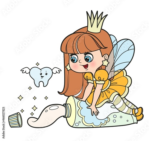 Cute little tooth fairy sits on tube of toothpaste and talks to a cartoon tooth color variation for coloring page on white background