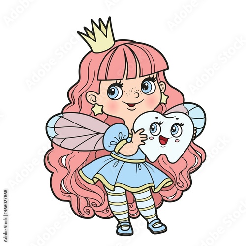 Cute cartoon little fairy girl holding a baby tooth in hands color variation for coloring page on white background