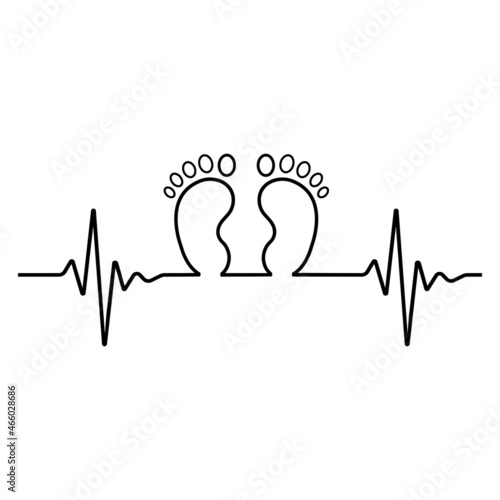 Linear illustration of baby footprint with pulse on white background
