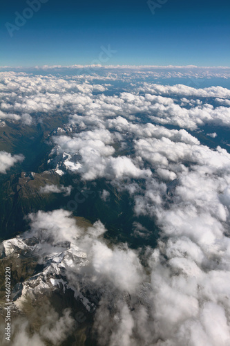 Mountain range under clouds, aerial survey. Caucasus, Krasnodar Territory, Russia