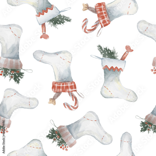 watercolor seamless pattern with a Christmas socks, stockin, cobbler for the mantel photo