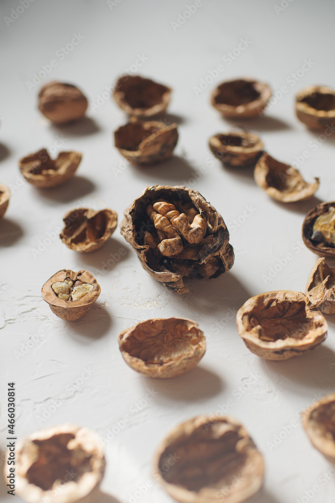 Walnut shell on white table Walnut shell on white table