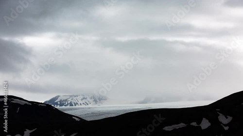 4k time lapse video of clouds moving fast on top of a glacier in the highlands of Iceland.