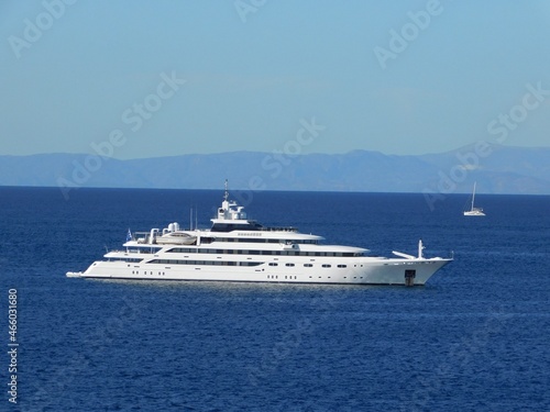 A luxury yacht near the coast of Vouliagmeni in Attica, Greece