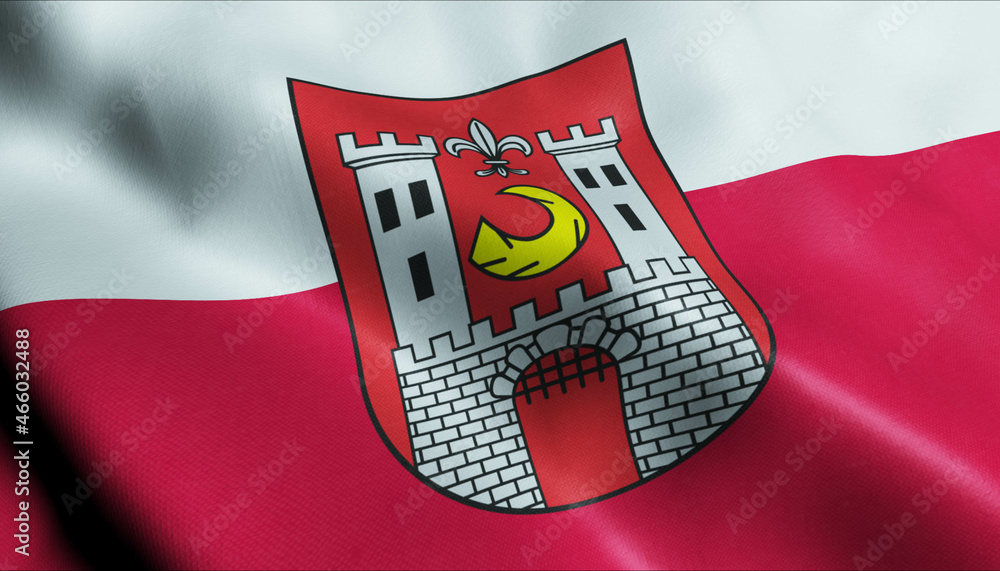 3D Waving Poland City Flag of Sława Closeup View - obrazy, fototapety, plakaty 