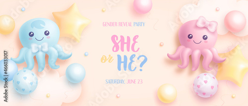 He or she. Cartoon gender reveal invitation template. Horizontal banner with realistic octopus and helium balloons. Vector illustration