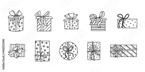 Vector set of gift boxes in outline style. Celebration