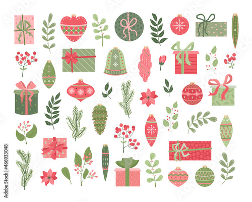 Vector set of christmas plants, christmas toys, plants and flowers