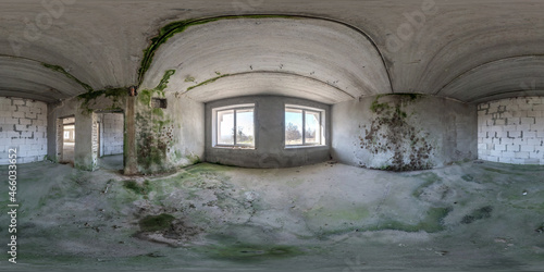 360 hdri panorama in abandoned interior of large empty room as warehouse or hangar with windows with dampness and black-green mold in seamless spherical equirectangular projection. VR AR concept