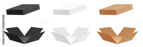 Vector set of black, white, and cardboard paper unfolded boxes, isolated on background.
