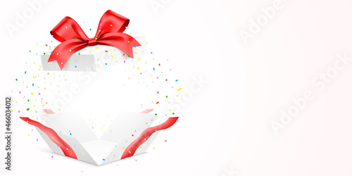 Exploded white gift box with red ribbon and colorful confetti, isolated on background with copy space. Unfolded surprise giftbox vector illustration.