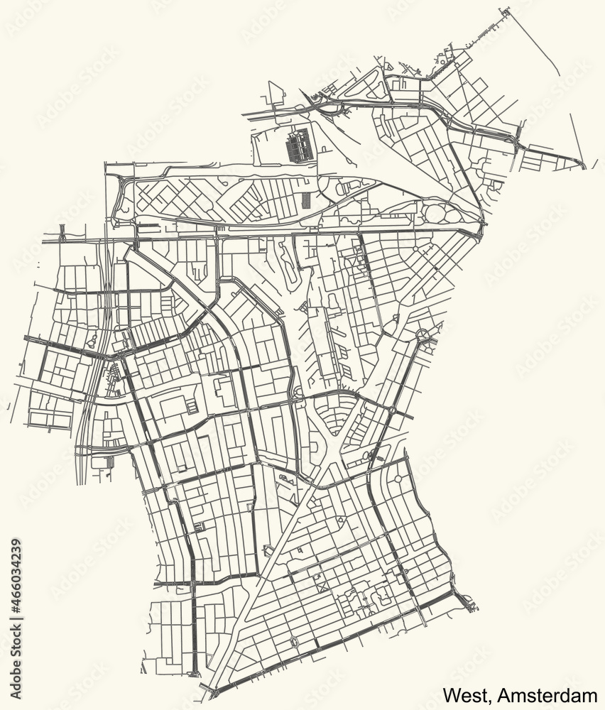 Detailed navigation urban street roads map on vintage beige background of the quarter West district of the Dutch capital city of Amsterdam, Netherlands