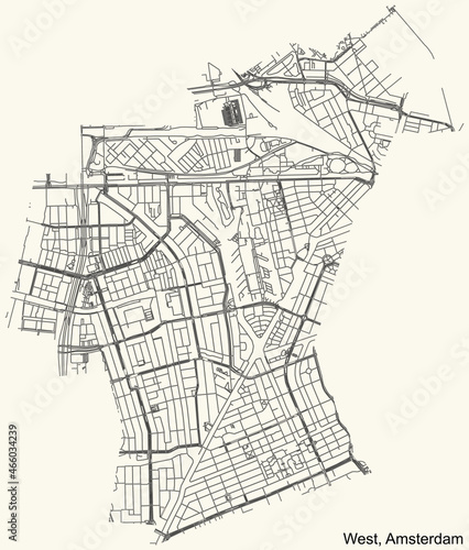 Detailed navigation urban street roads map on vintage beige background of the quarter West district of the Dutch capital city of Amsterdam, Netherlands