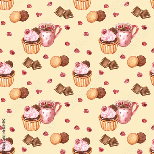 Cupcakes  cup of hot chocolate  cookies and raspberries - seamless pattern with the hand drawn watercolor elements on creamy yellow background. For wallpaper  cafe decor  kitchen textile. 