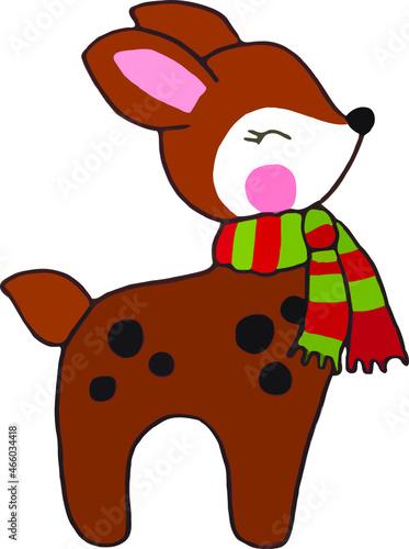 Cute small deer wearing in scarf.Christmas illustration. Float vector illustration.