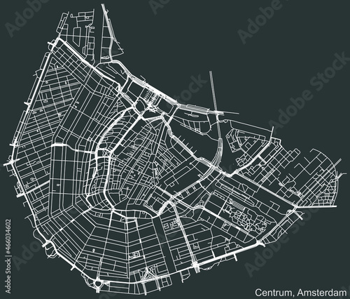 Detailed negative navigation urban street roads map on dark gray background of the quarter Centrum (Central) district of the Dutch capital city of Amsterdam, Netherlands